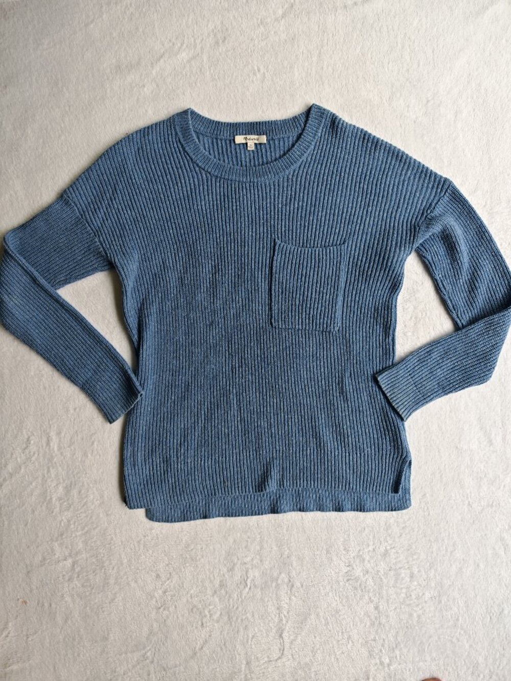 Madewell Blue Ribbed Knit Sweater XS Crewneck Pocket Soft Cozy Aesthetic Minimal - Picture 2 of 9